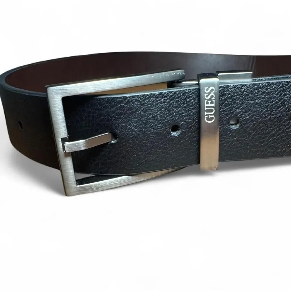 Guess Men's Black and Brown Reversible Synthetic Leather Belt Sz 30-32